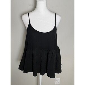 Ro & De Womens Black Peplum Camisole Top Spaghetti Strap Crinkle Hem Size M